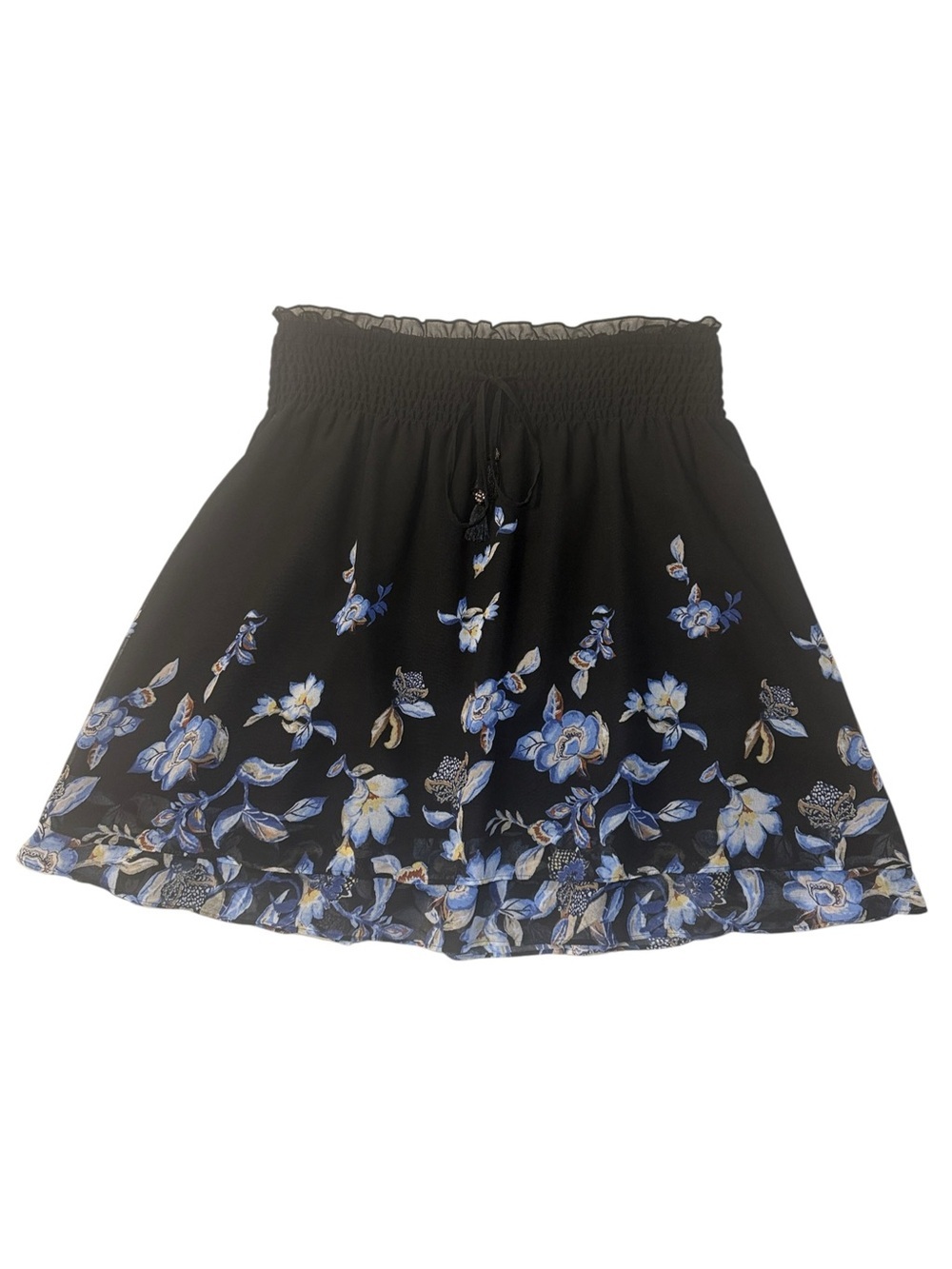 White House Black Market Black Floral Tassel Ties Mini Skirt Size Large NWOT